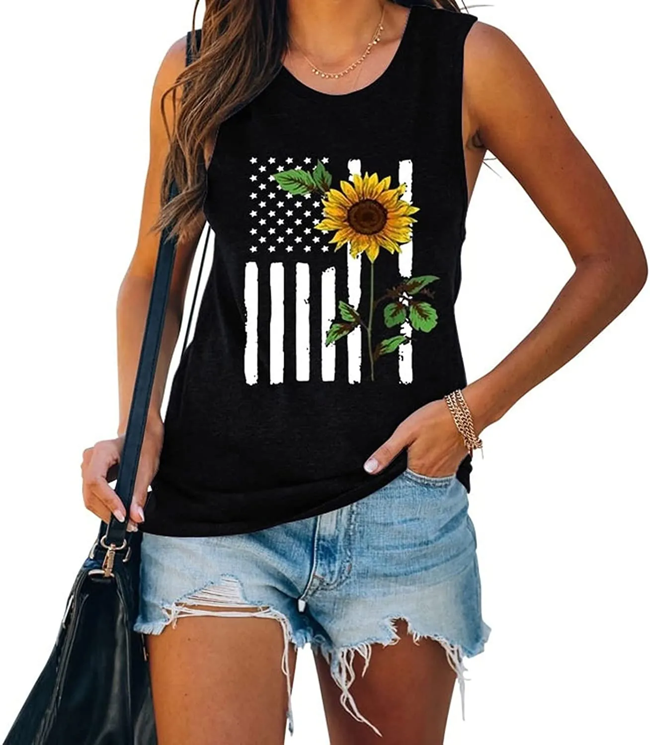 4th of July Flag Gift Tank Tops Women USA Flag Flower Shirt