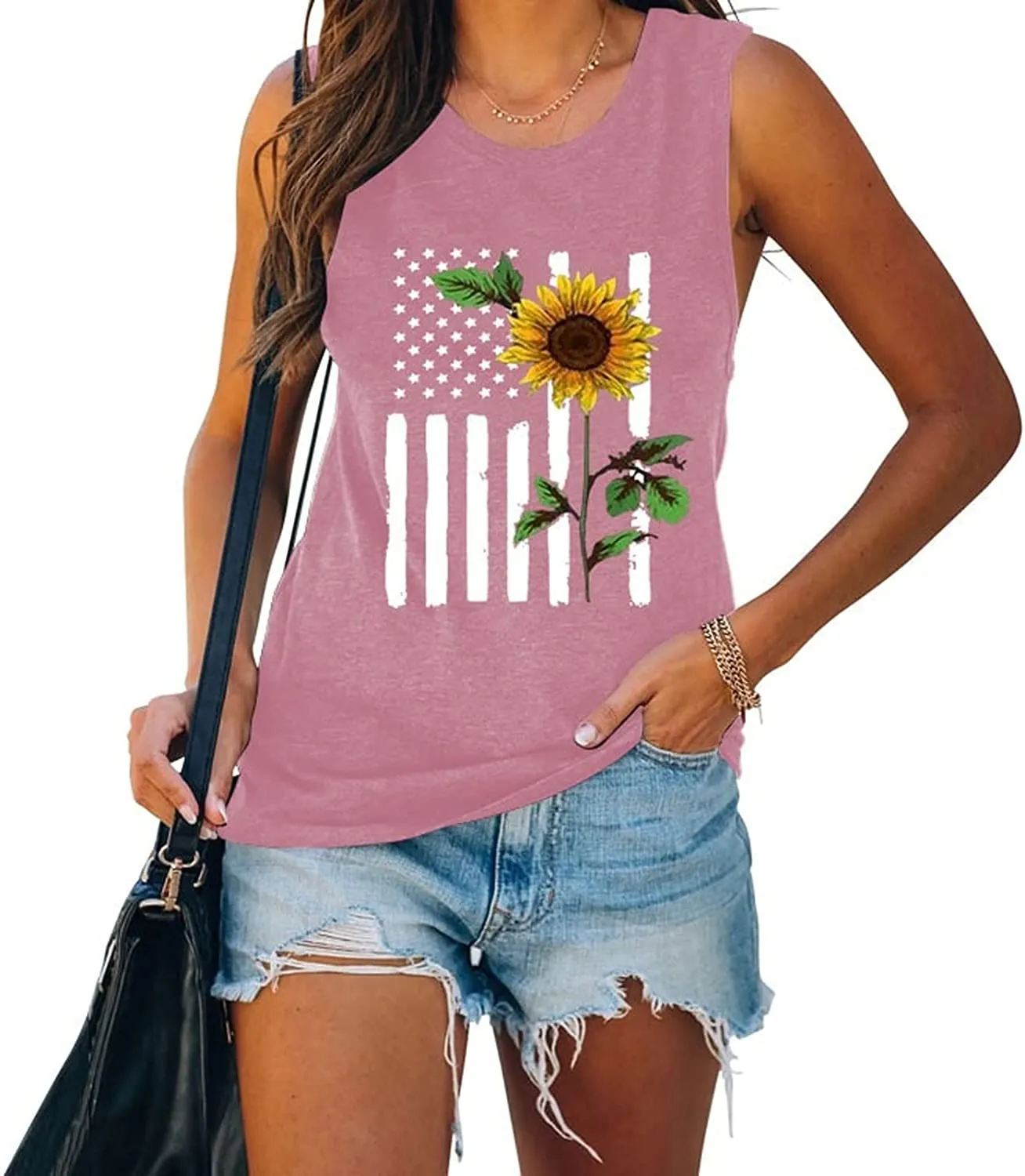 4th of July Flag Gift Tank Tops Women USA Flag Flower Shirt