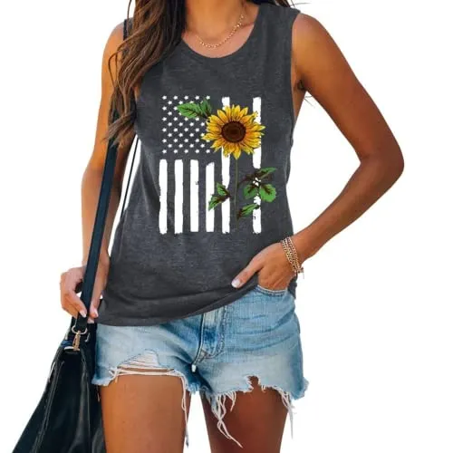 4th of July Flag Gift Tank Tops Women USA Flag Flower Shirt