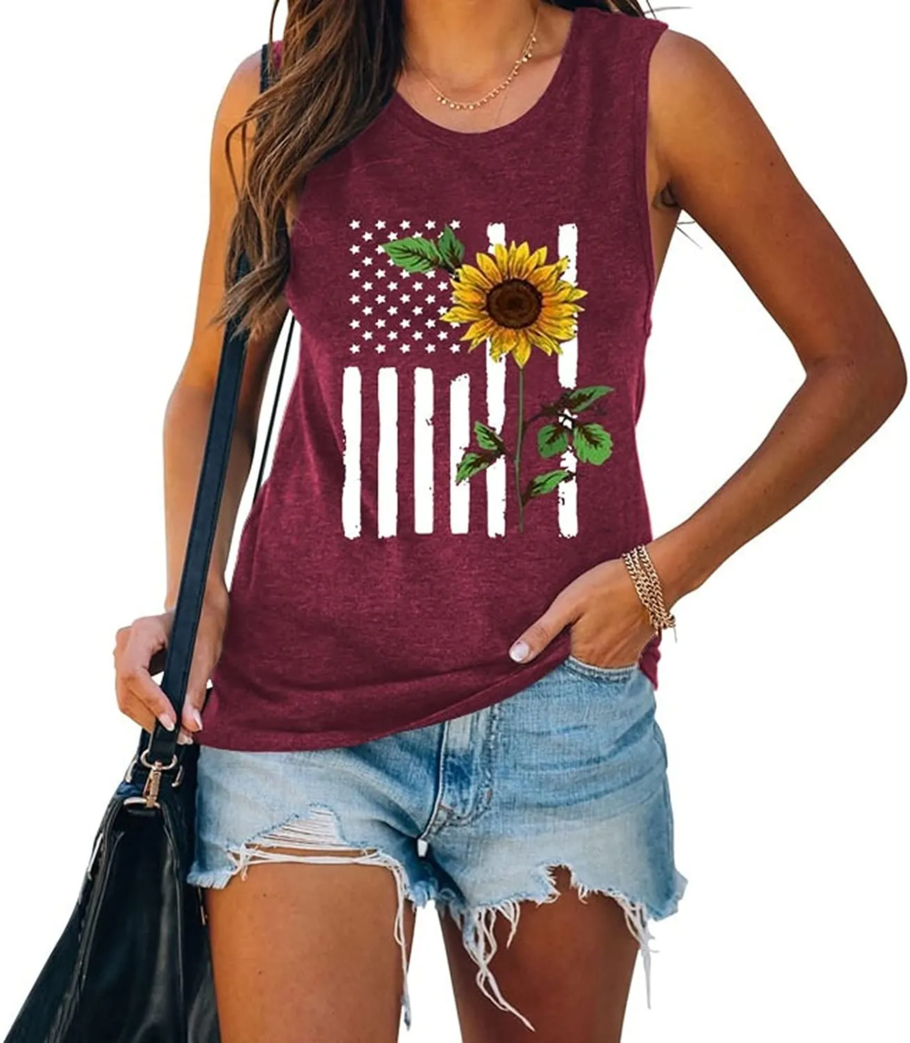 4th of July Flag Gift Tank Tops Women USA Flag Flower Shirt