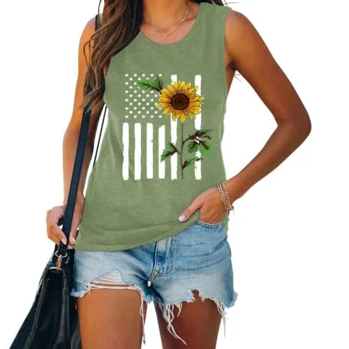 4th of July Flag Gift Tank Tops Women USA Flag Flower Shirt