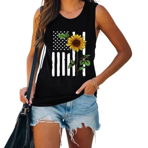 4th of July Flag Gift Tank Tops Women USA Flag Flower Shirt