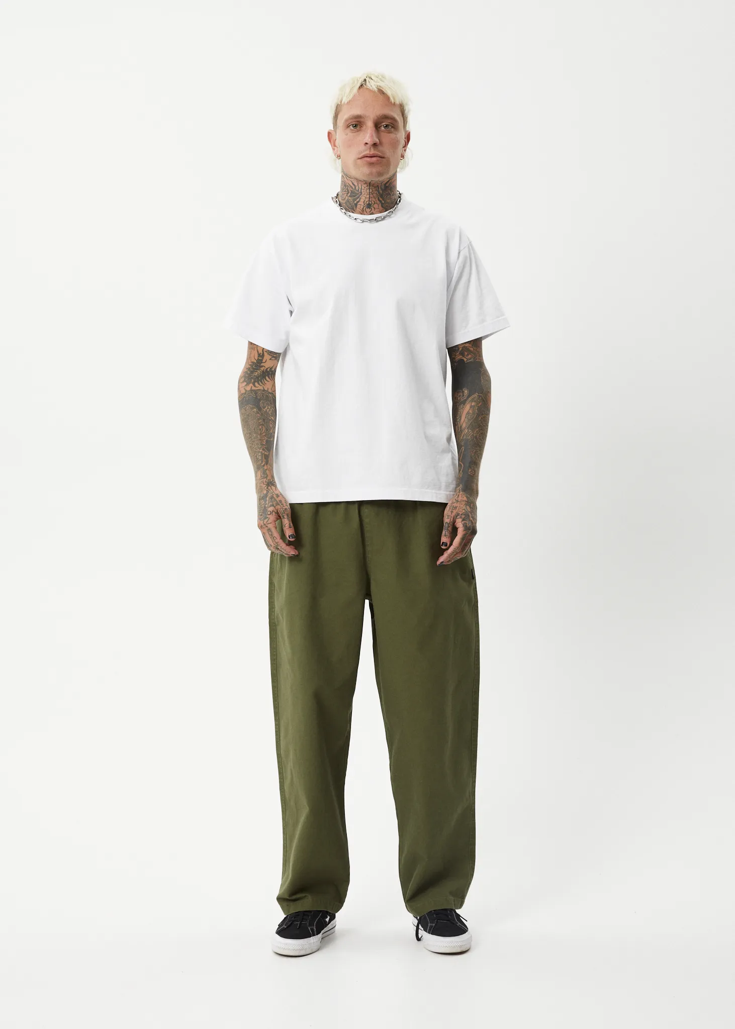 AFENDS Mens Ninety Eights - Baggy Elastic Waist Pants - Military