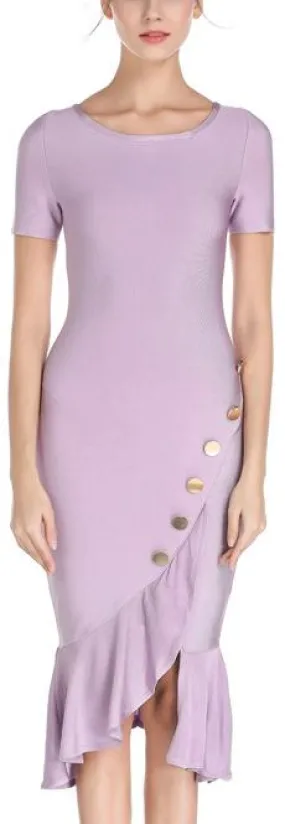 Asymmetrical Ruffled Button-Embellished Fitted Dress, Lavender