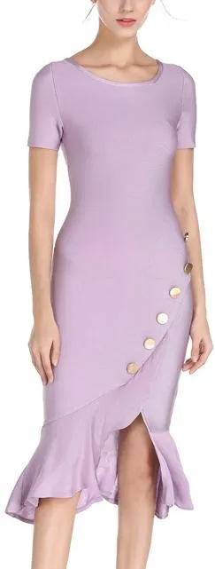 Asymmetrical Ruffled Button-Embellished Fitted Dress, Lavender