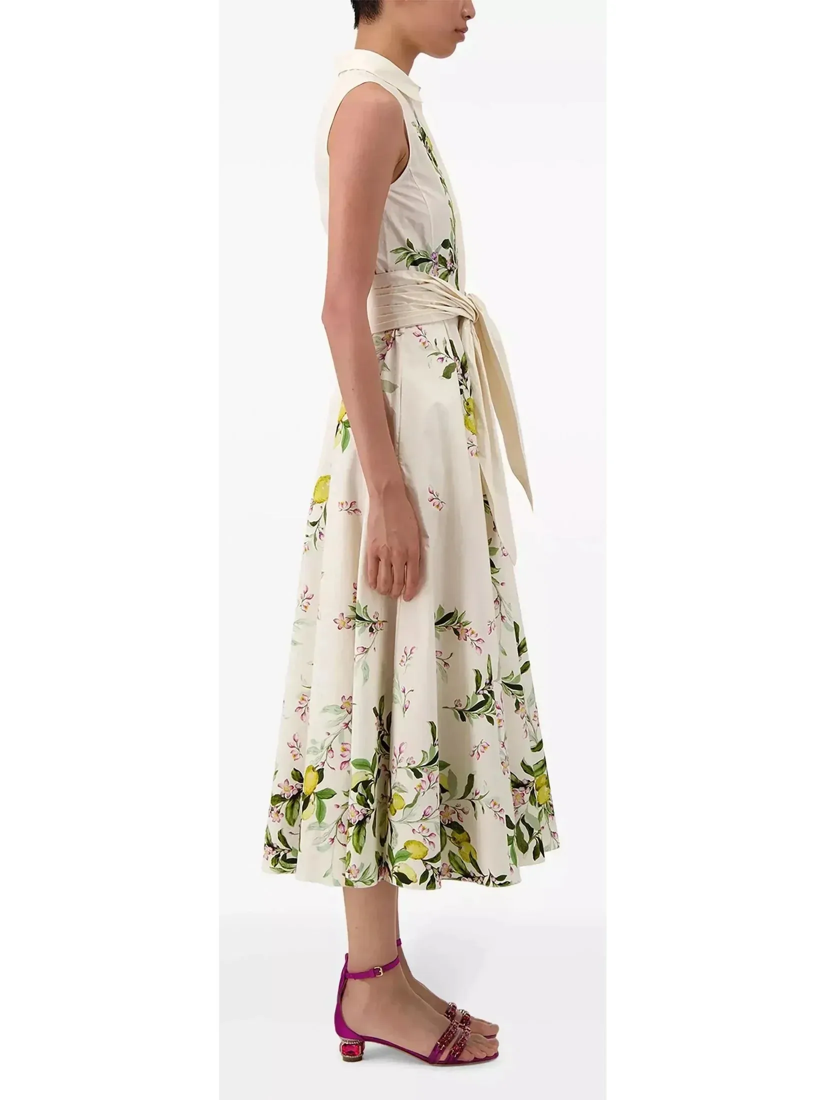 Belted Floral-Print Sleeveless Midi Dress