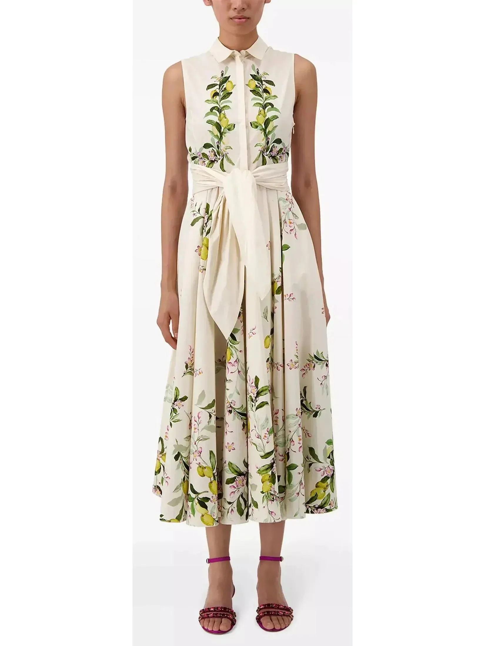 Belted Floral-Print Sleeveless Midi Dress