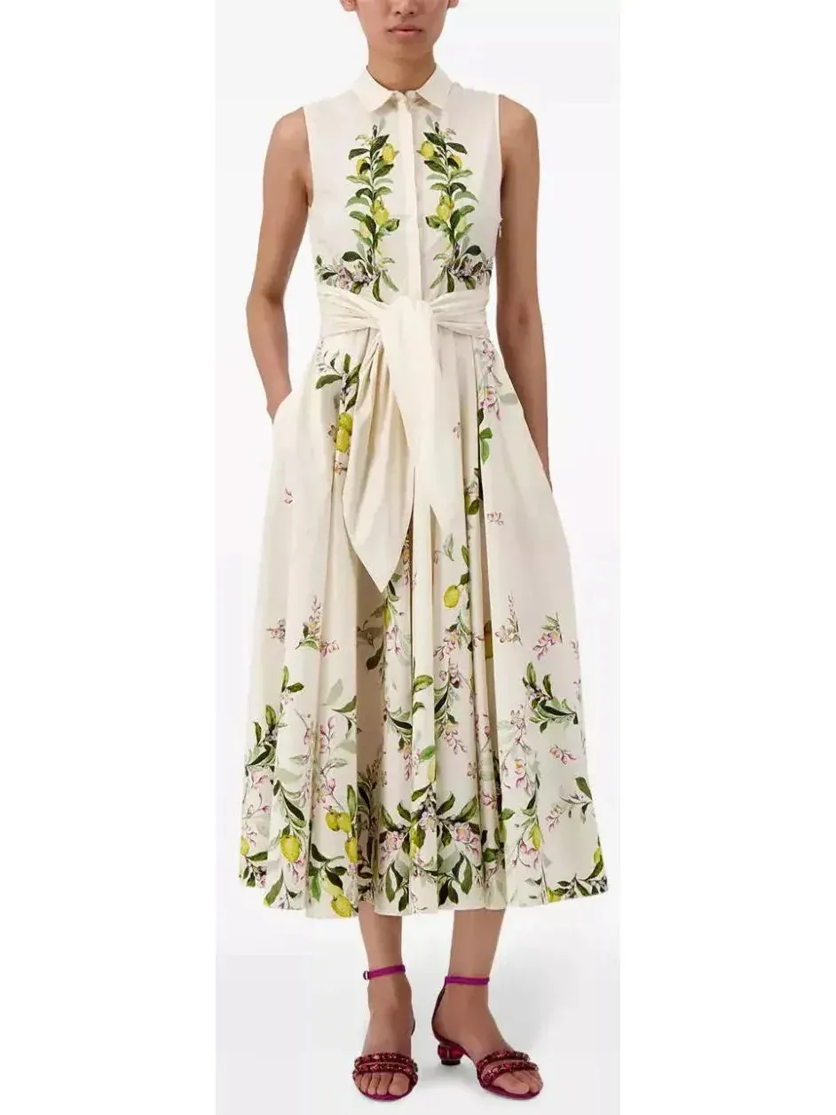 Belted Floral-Print Sleeveless Midi Dress