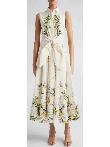 Belted Floral-Print Sleeveless Midi Dress