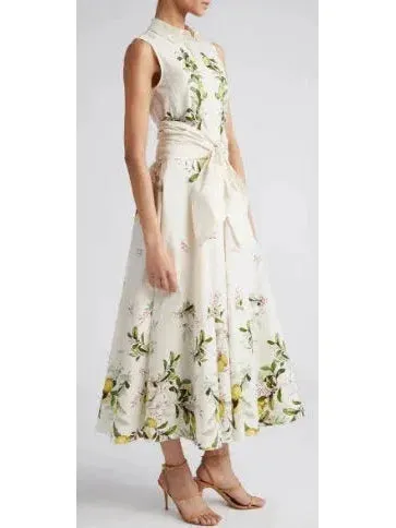 Belted Floral-Print Sleeveless Midi Dress