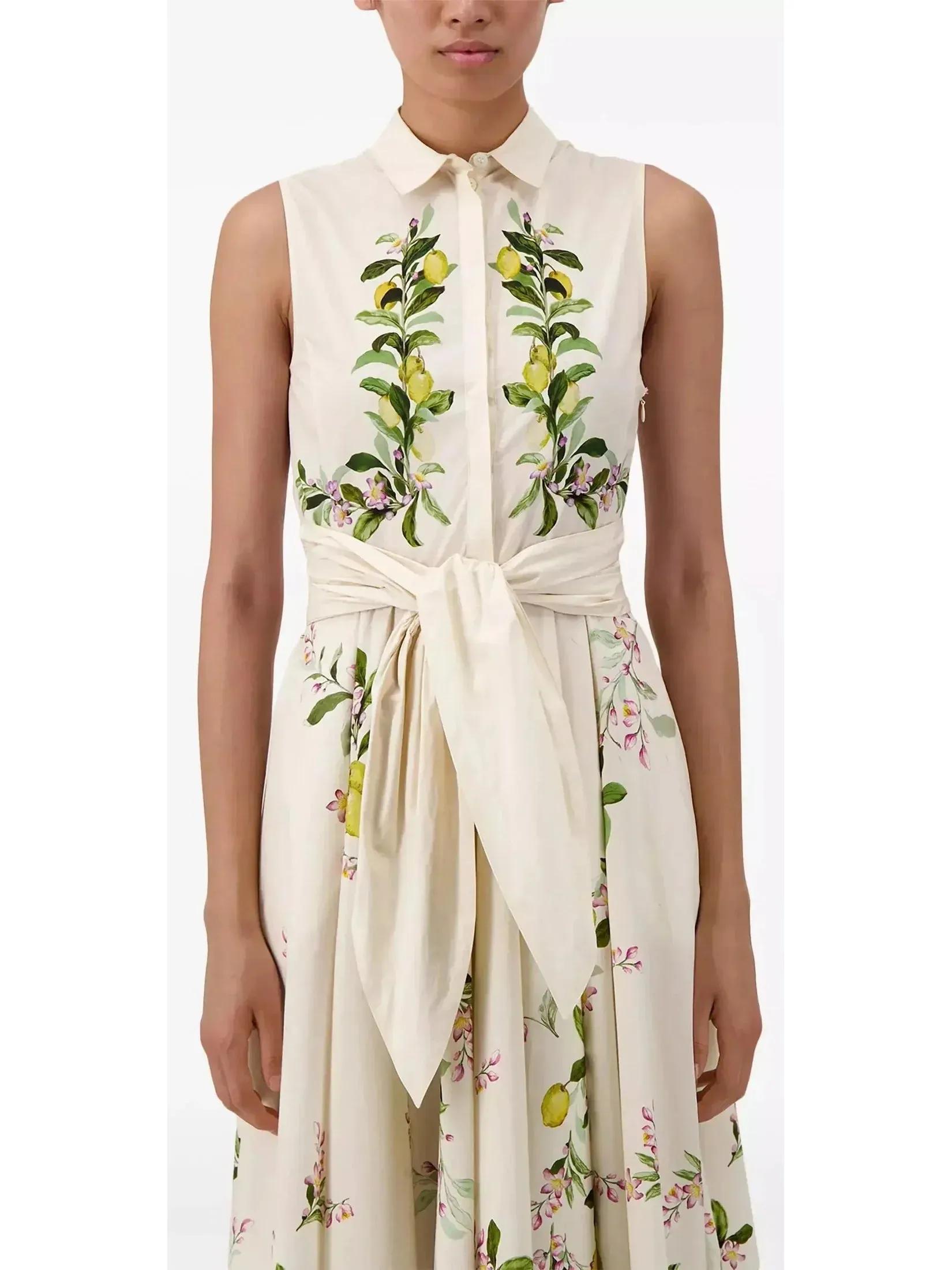 Belted Floral-Print Sleeveless Midi Dress