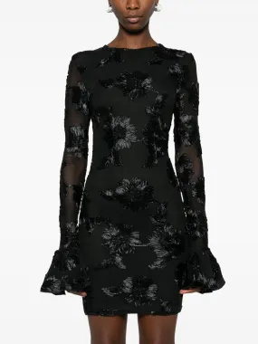 Black Floral-Embroidered Flared-Cuff Mini Dress