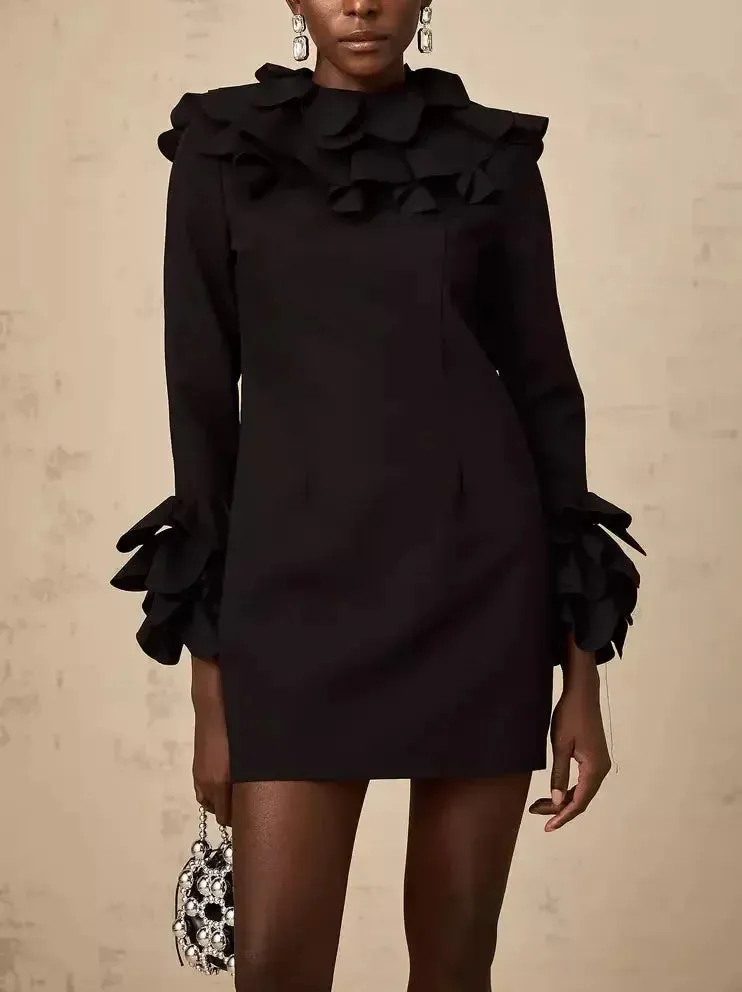 Black Ruffled Open-Back Mini Dress