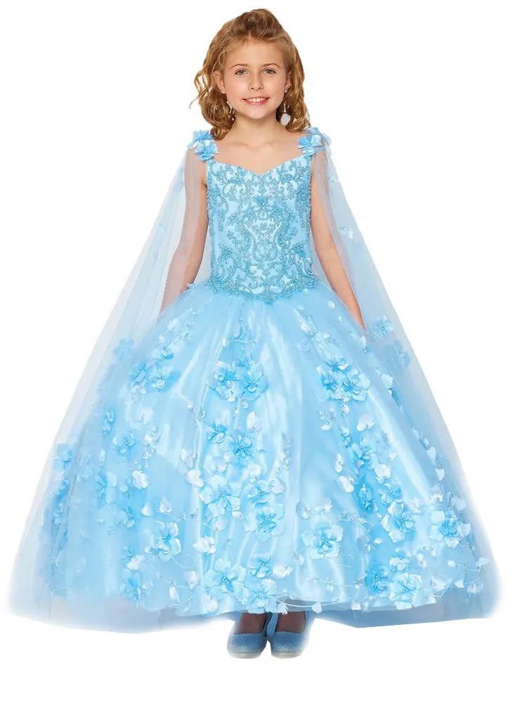 Bliss Little Girls Blue 3D Stone Pearl Sweetheart Floral Cape Ball Gown 2-6