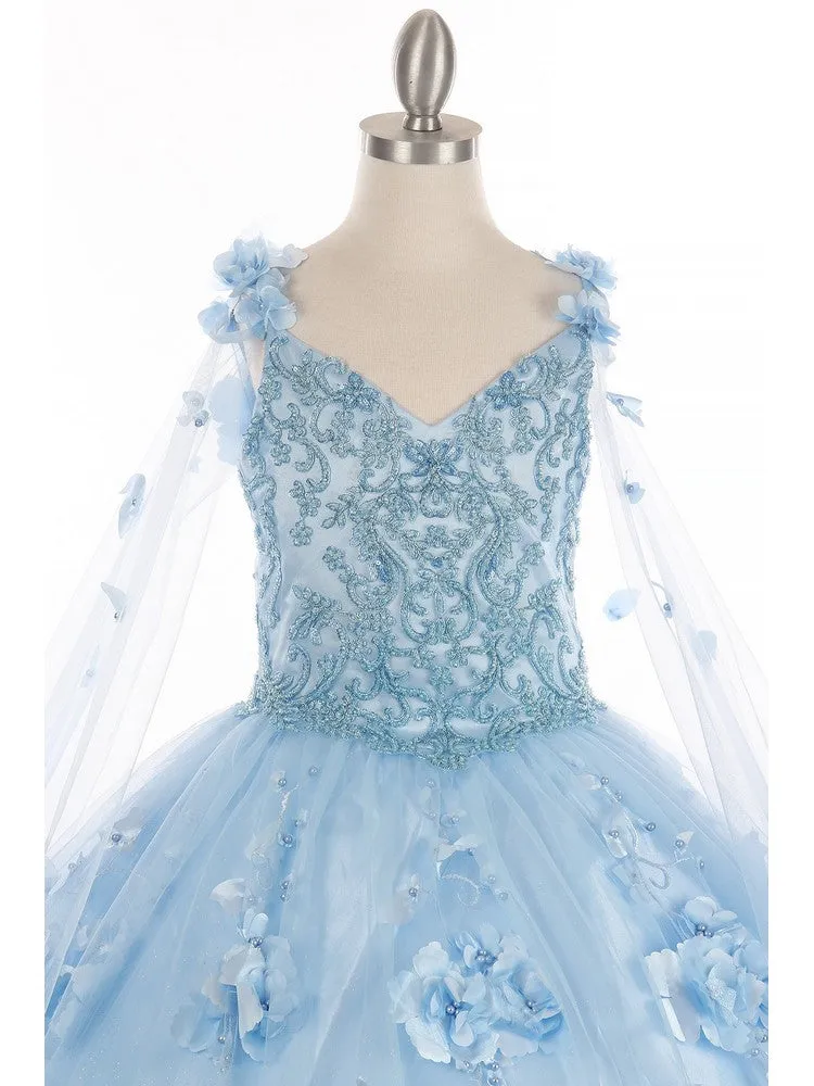 Bliss Little Girls Blue 3D Stone Pearl Sweetheart Floral Cape Ball Gown 2-6