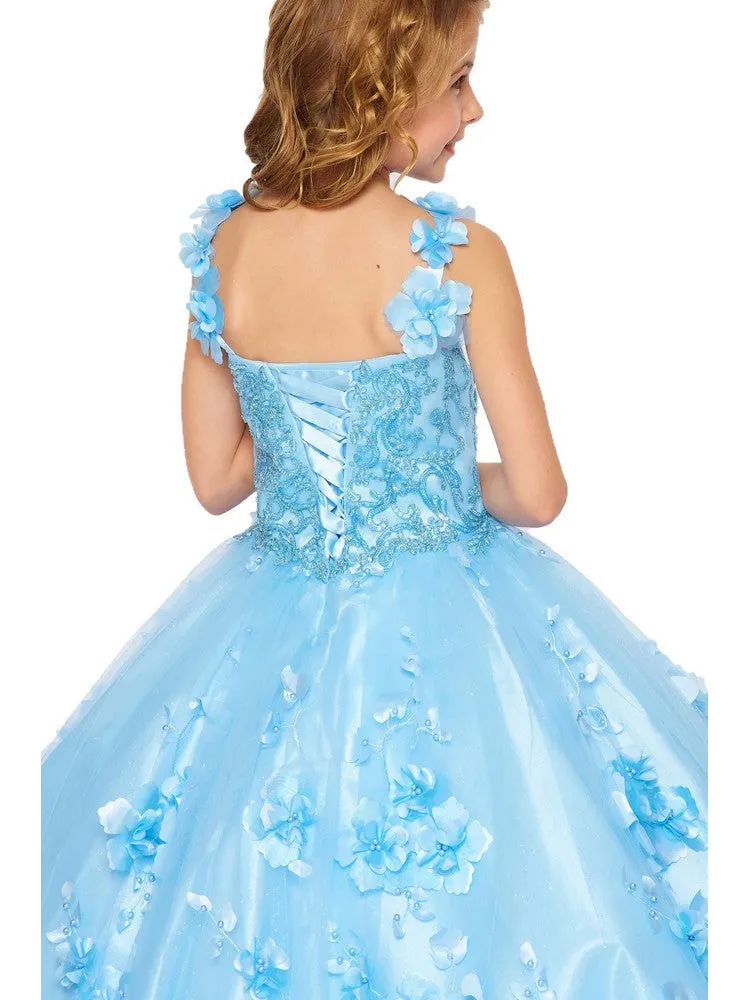 Bliss Little Girls Blue 3D Stone Pearl Sweetheart Floral Cape Ball Gown 2-6