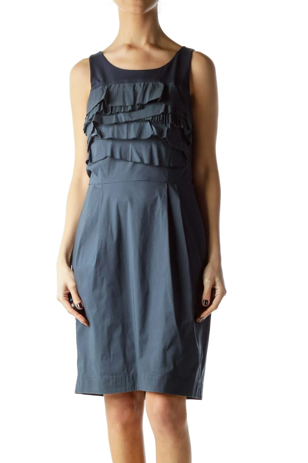 Blue Ruffled Chest Pocketed Work Dress