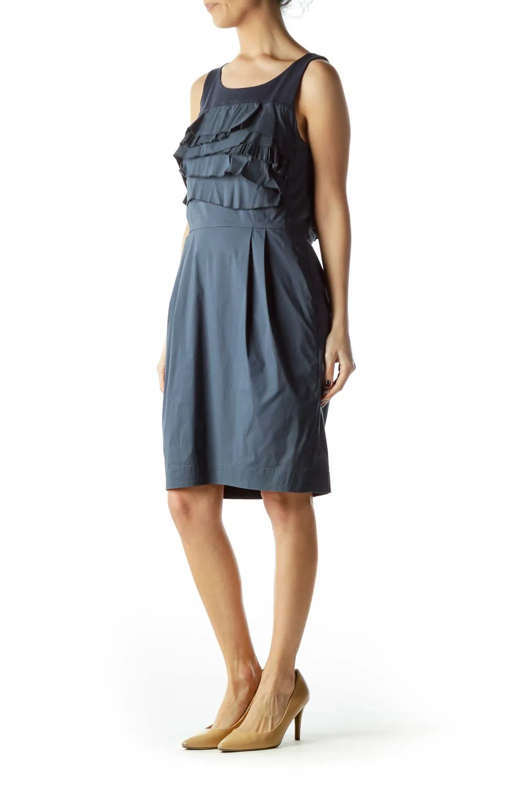 Blue Ruffled Chest Pocketed Work Dress