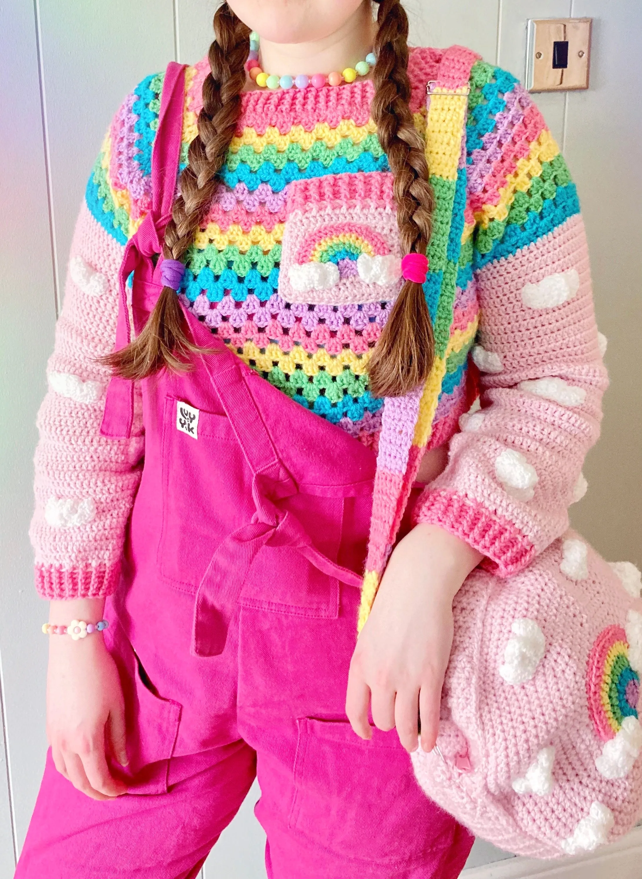 Cropped Pastel Rainbow Cloud Sweater / Jumper (Baby Pink)