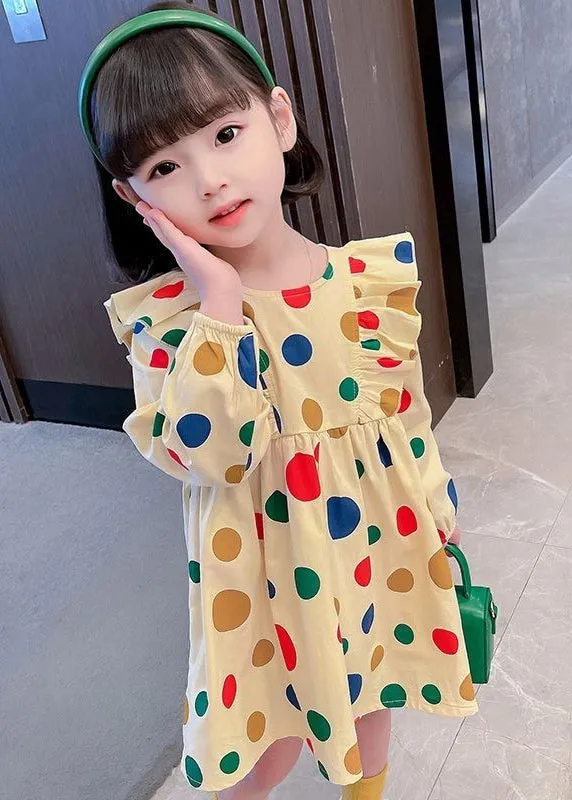 Cute Khaki Ruffled Print Cotton Girls Robe Dresses Long Sleeve XZ096