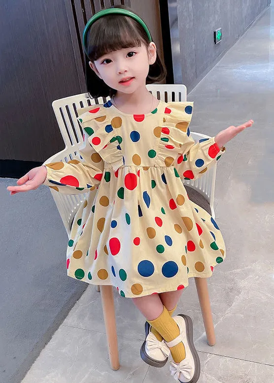 Cute Khaki Ruffled Print Cotton Girls Robe Dresses Long Sleeve XZ096