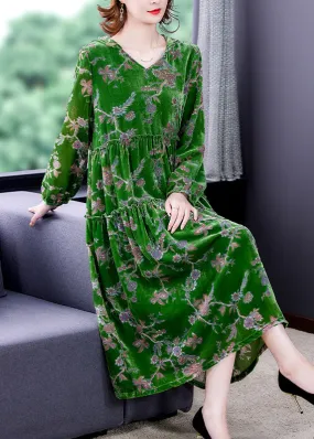 Fashion Green Ruffled Patchwork Velour Dresses Spring