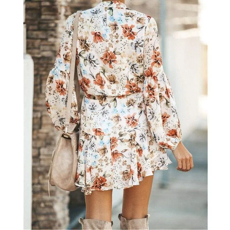 FashionSierra - Frill Ruffle Boho Dress Floral Print Mini Dresses V-Neck Long Sleeve Beach dress 2019 Women's Clothing Female Vestidos