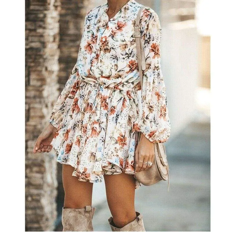 FashionSierra - Frill Ruffle Boho Dress Floral Print Mini Dresses V-Neck Long Sleeve Beach dress 2019 Women's Clothing Female Vestidos