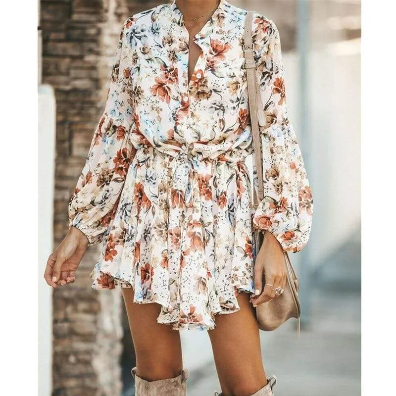 FashionSierra - Frill Ruffle Boho Dress Floral Print Mini Dresses V-Neck Long Sleeve Beach dress 2019 Women's Clothing Female Vestidos