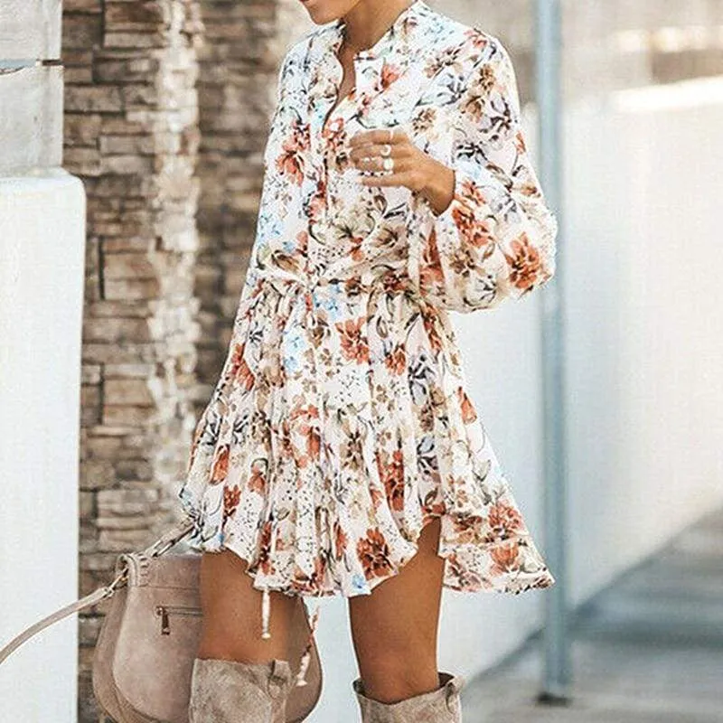 FashionSierra - Frill Ruffle Boho Dress Floral Print Mini Dresses V-Neck Long Sleeve Beach dress 2019 Women's Clothing Female Vestidos