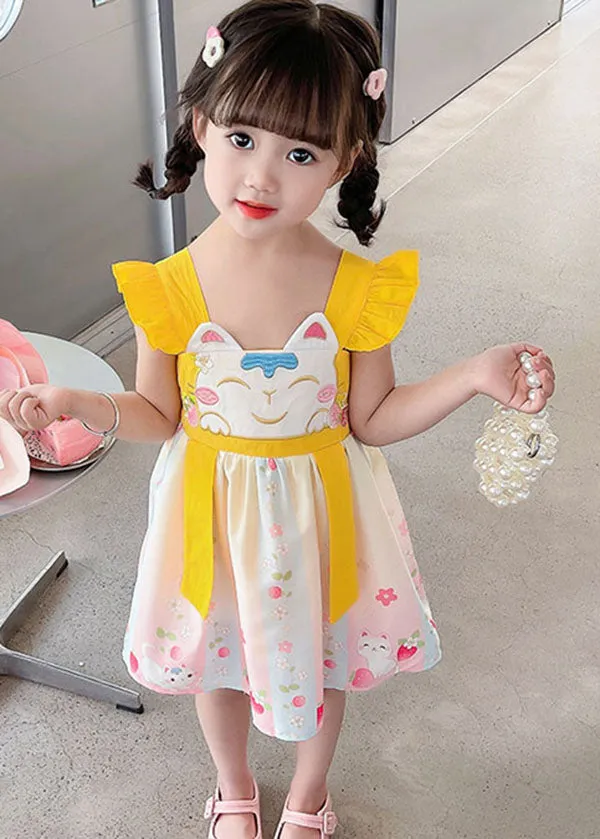 Fine Yellow Ruffled Embroideried Patchwork Cotton Baby Girls Dresses Summer LY6388