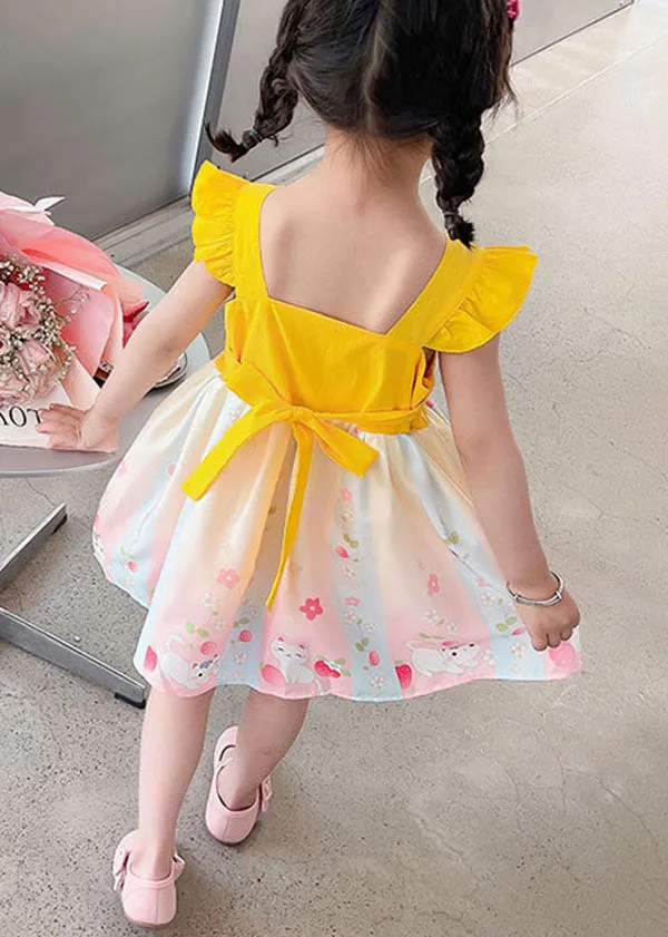 Fine Yellow Ruffled Embroideried Patchwork Cotton Baby Girls Dresses Summer LY6388