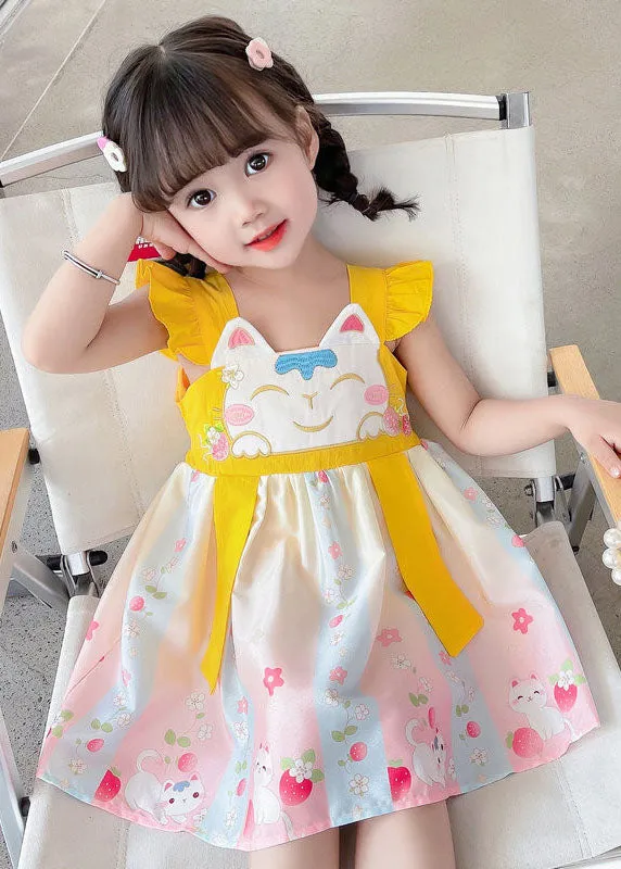 Fine Yellow Ruffled Embroideried Patchwork Cotton Baby Girls Dresses Summer LY6388