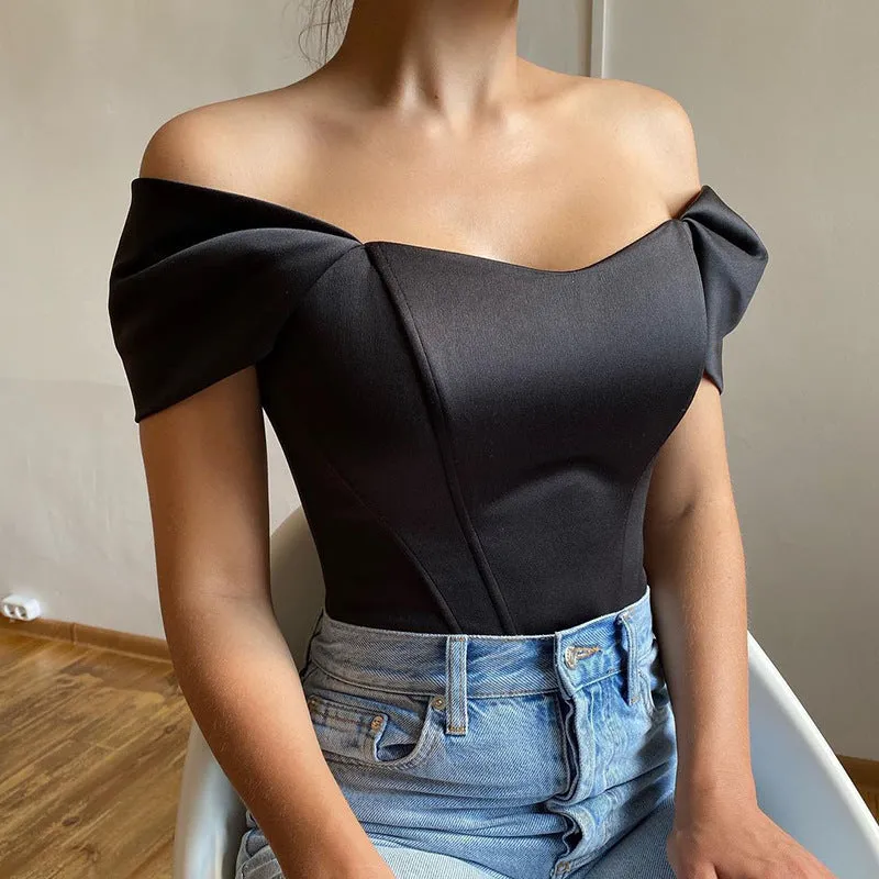 Fish Bone Waist Design Off Shoulder Wholesale Tank Tops Solid Color