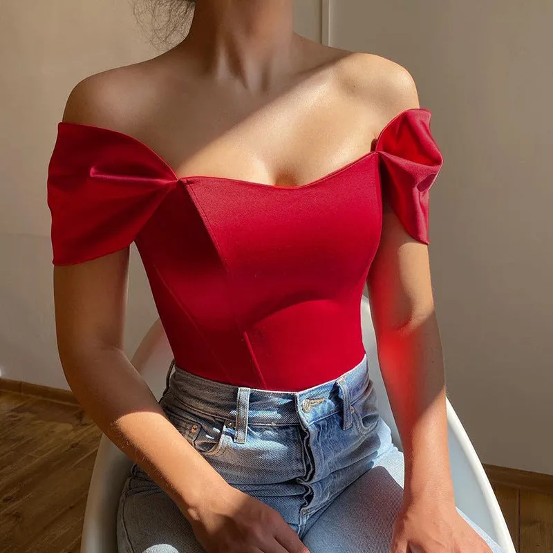 Fish Bone Waist Design Off Shoulder Wholesale Tank Tops Solid Color