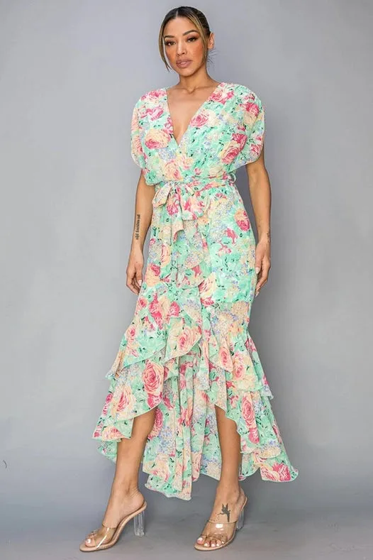 Floral Chiffon Hi Lo Ruffled Tie Waist Dress