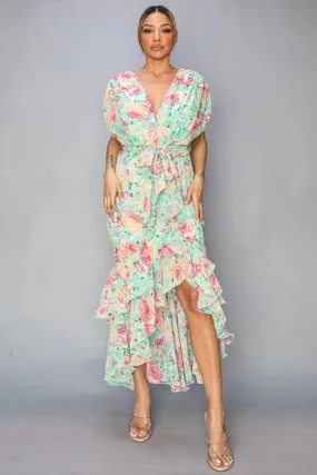 Floral Chiffon Hi Lo Ruffled Tie Waist Dress