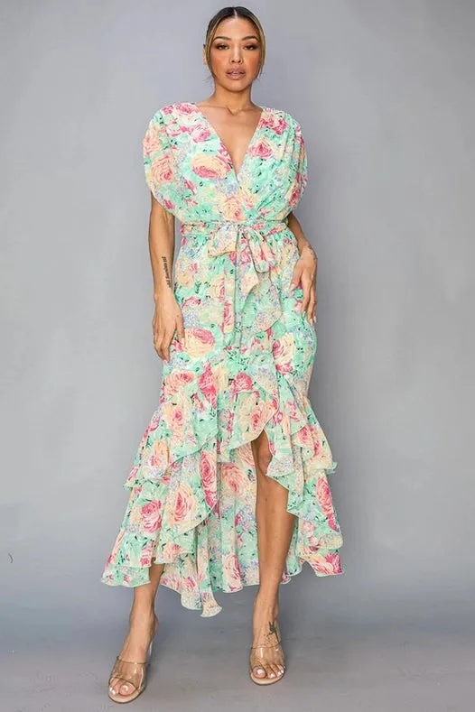 Floral Chiffon Hi Lo Ruffled Tie Waist Dress