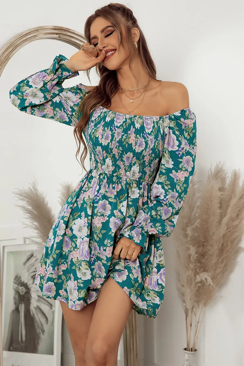 Floral Flounce Sleeve Smocked Square Neck Dress