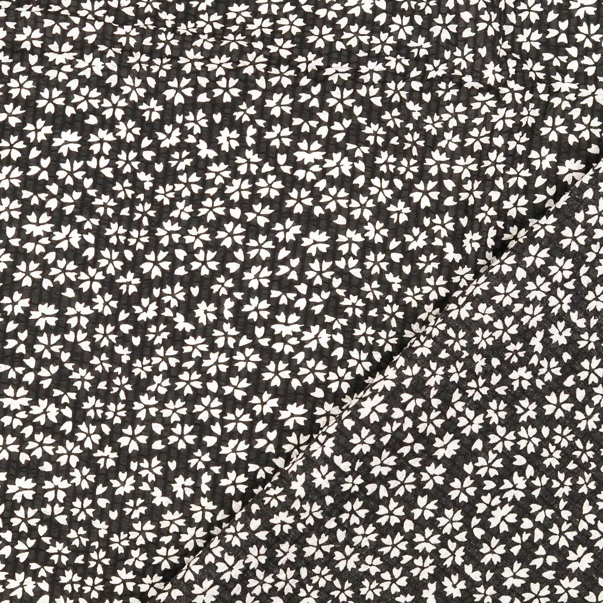 Flowers Black Cotton Seersucker Fabric