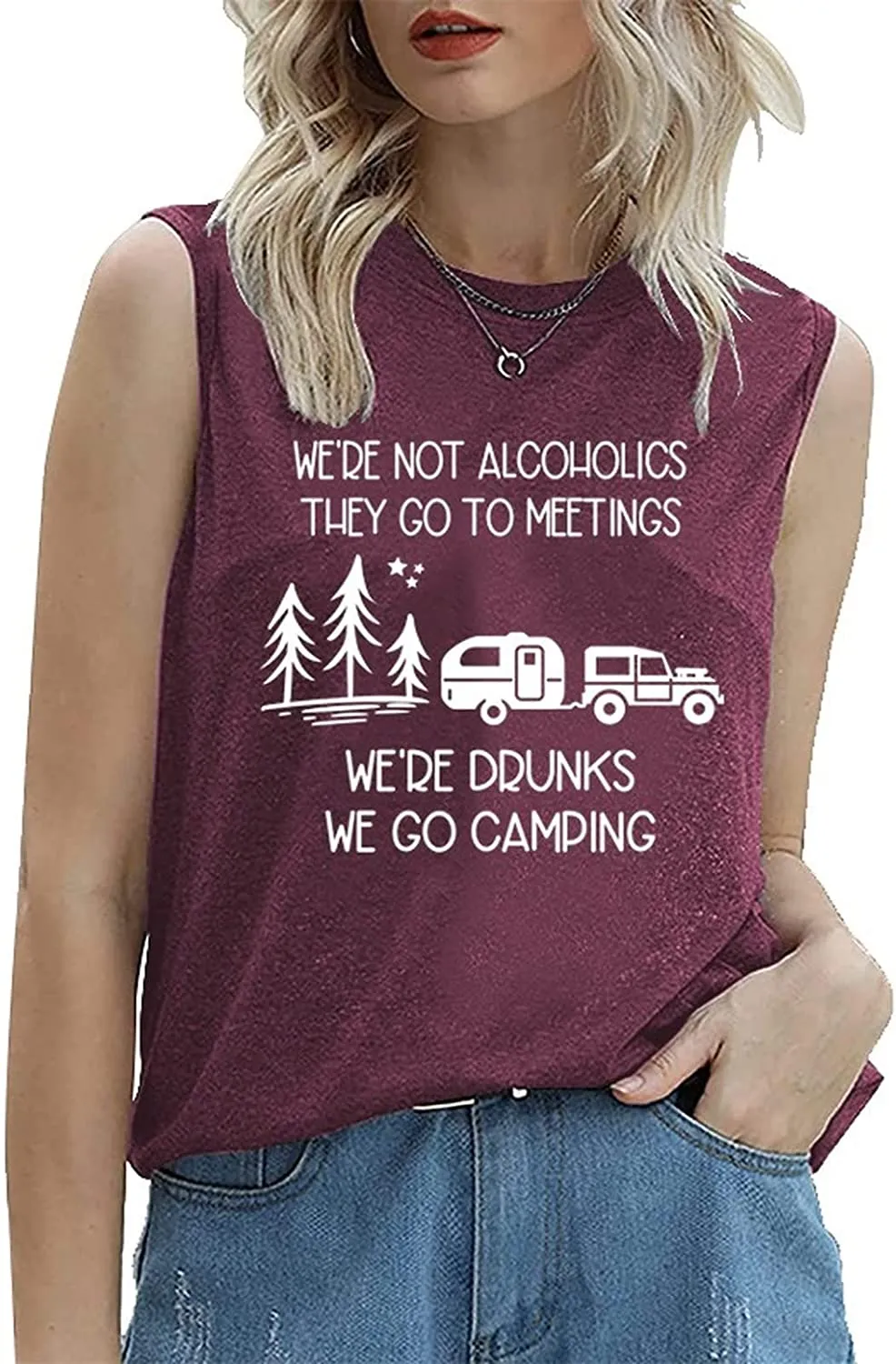 Funny Camper Drinking Tank Tops Women We're Drunks We Go Camping Shirt