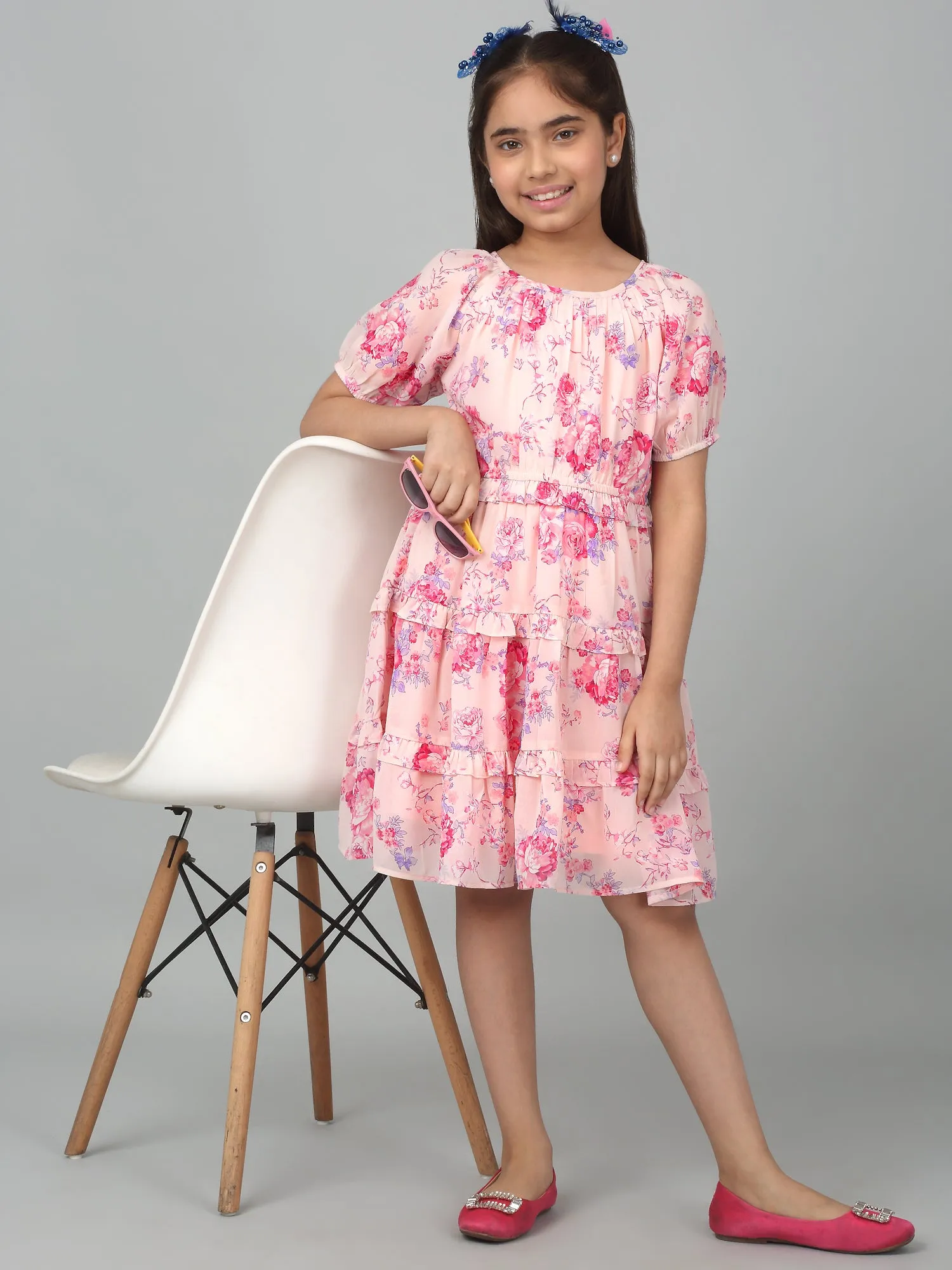 Girl's Pink Half Sleeves Floral Print Dress