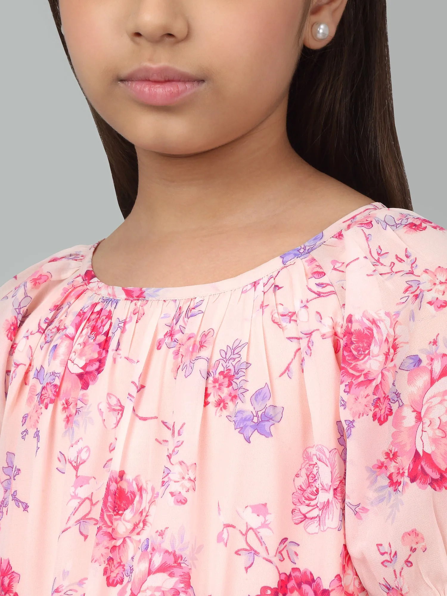 Girl's Pink Half Sleeves Floral Print Dress