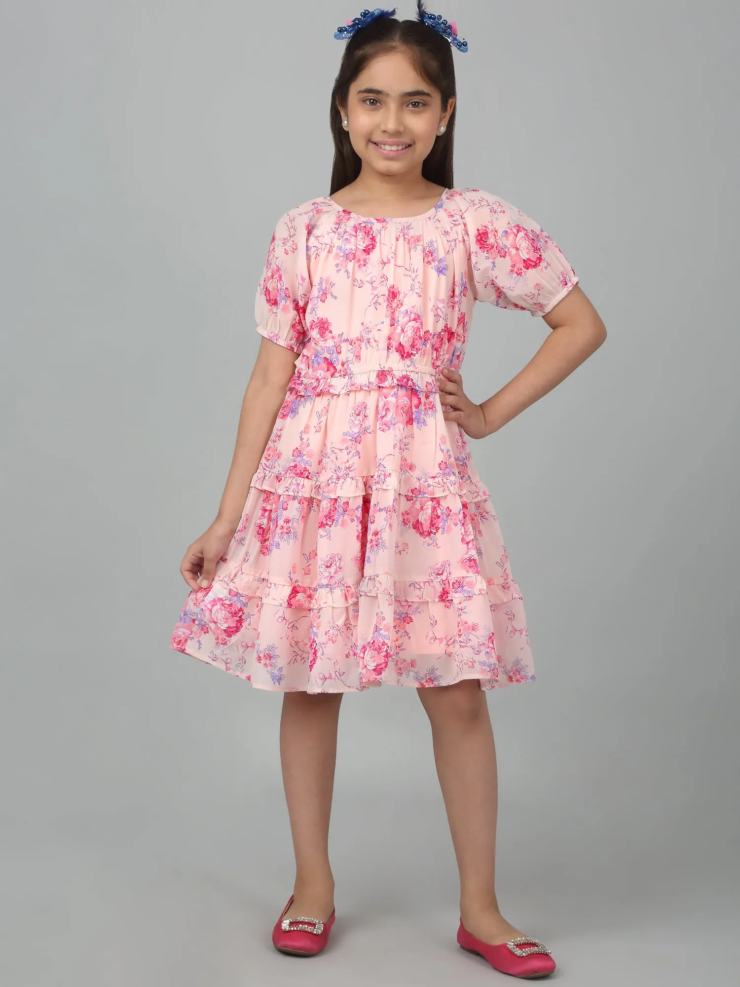 Girl's Pink Half Sleeves Floral Print Dress