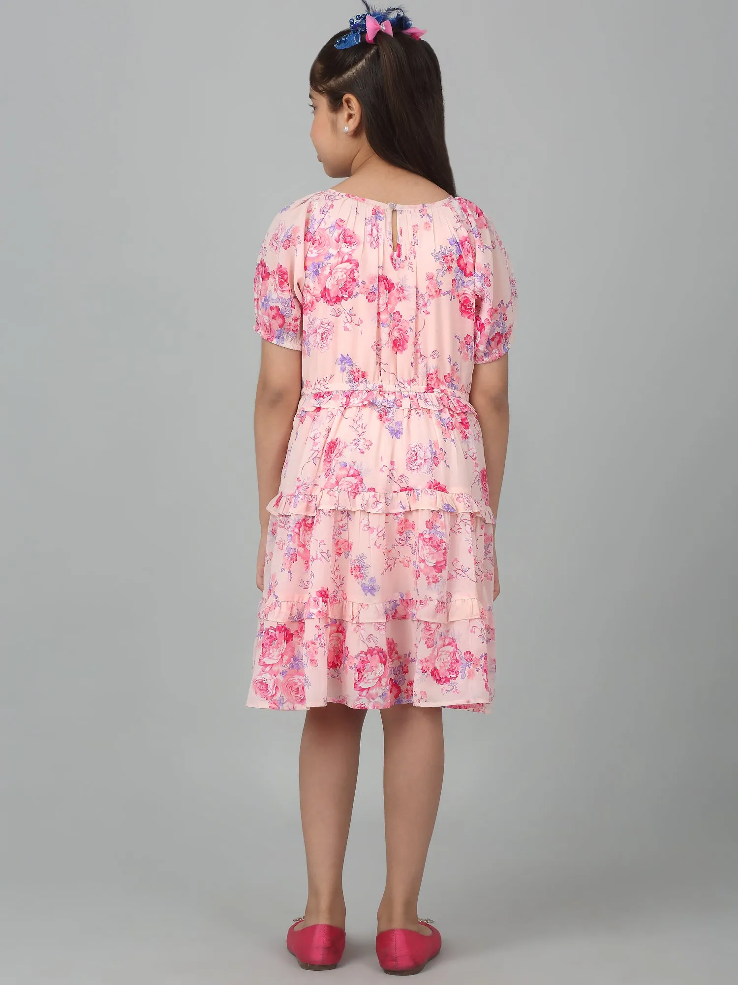 Girl's Pink Half Sleeves Floral Print Dress