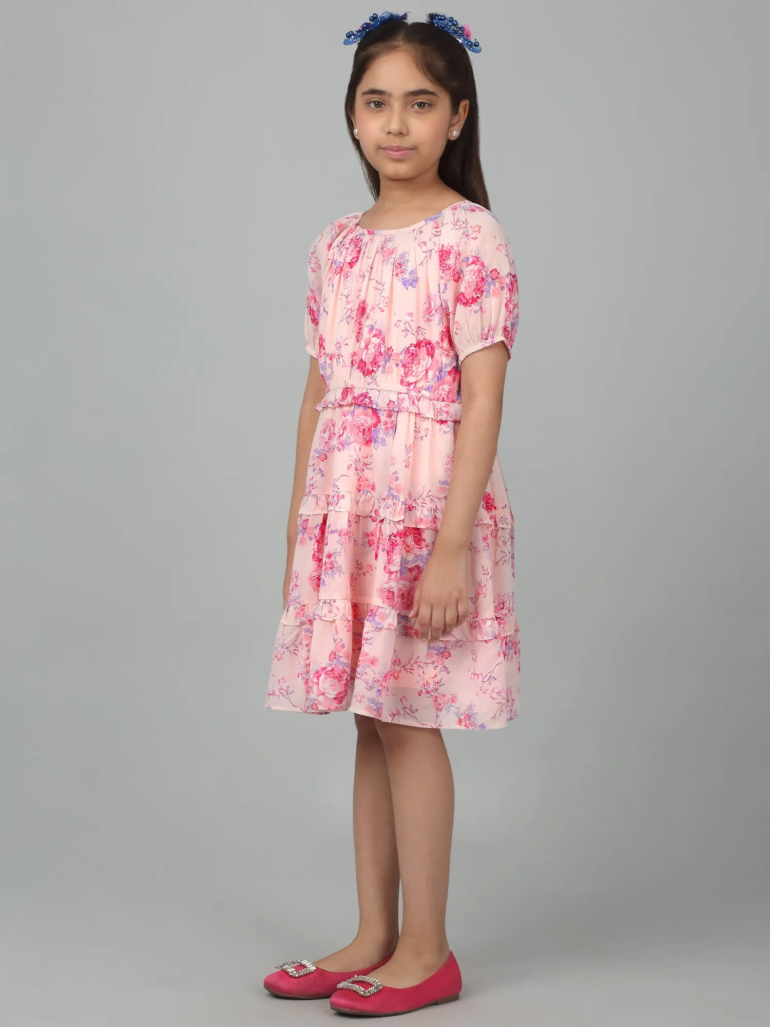 Girl's Pink Half Sleeves Floral Print Dress