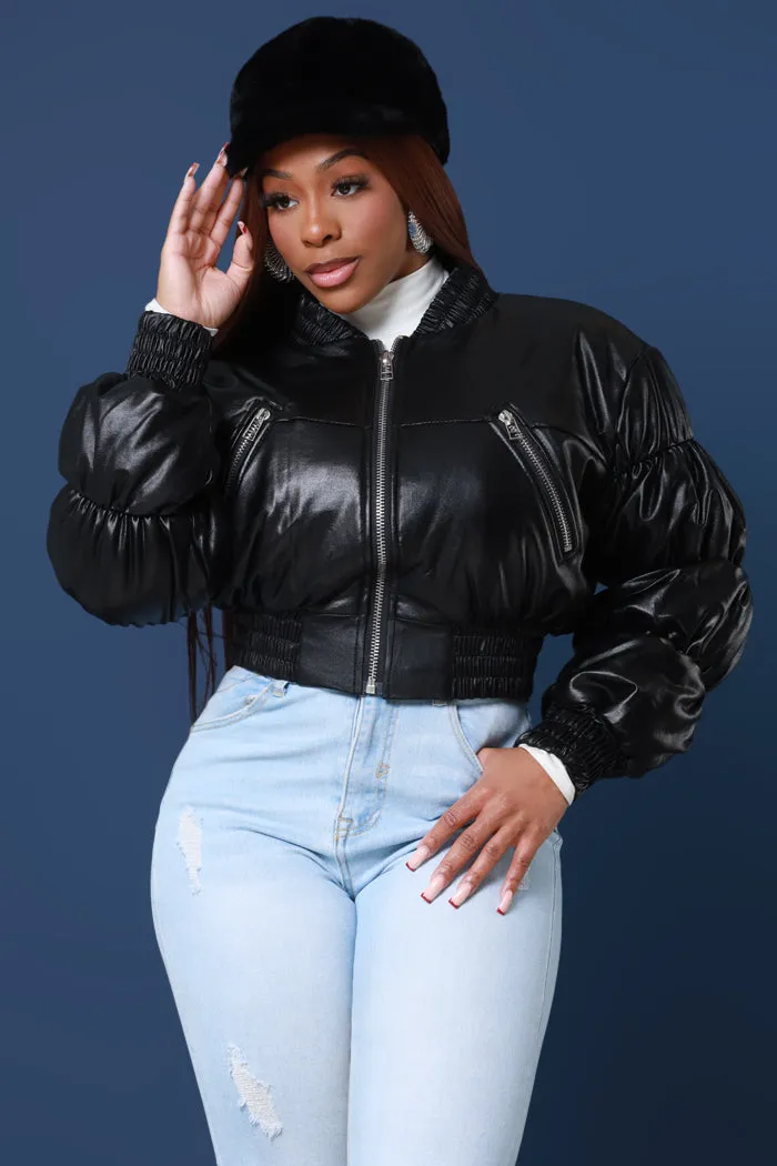 Glad You Came Faux Leather Bomber Jacket - Black