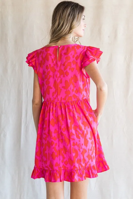 Hot Pink Print Ruffled Cap Sleeves Dress