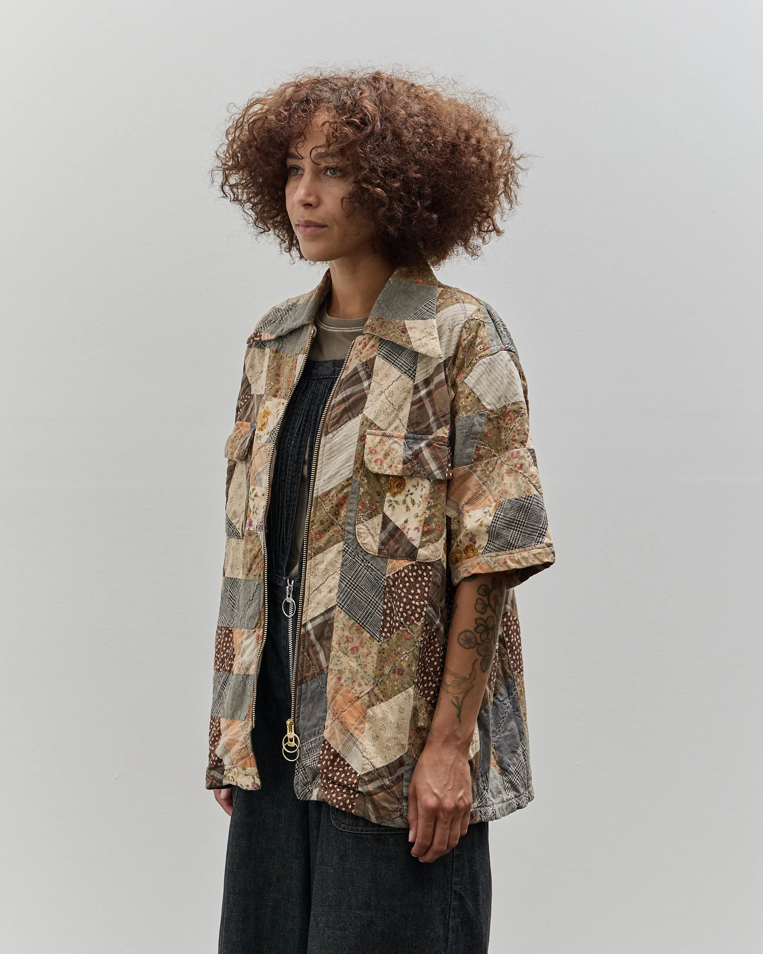 Kapital Drizzle Open Collar Shirt, Brown YABANE Quilt Patchwork