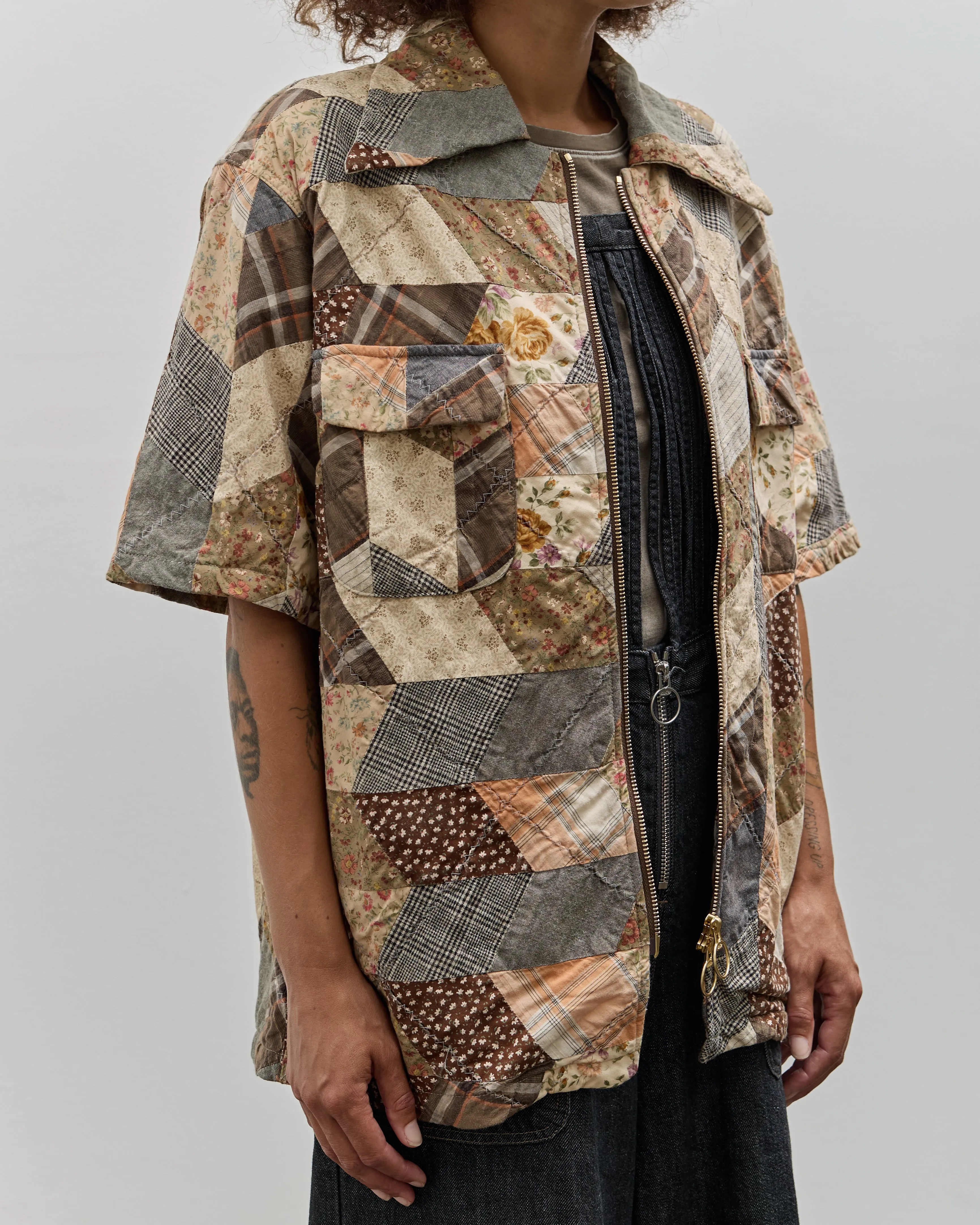 Kapital Drizzle Open Collar Shirt, Brown YABANE Quilt Patchwork